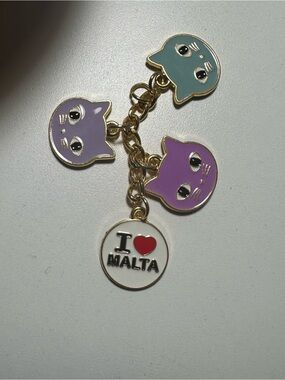 Cute Cat Charm Keychain with I Heart Malta Pendant - Purple, Lavender, Teal